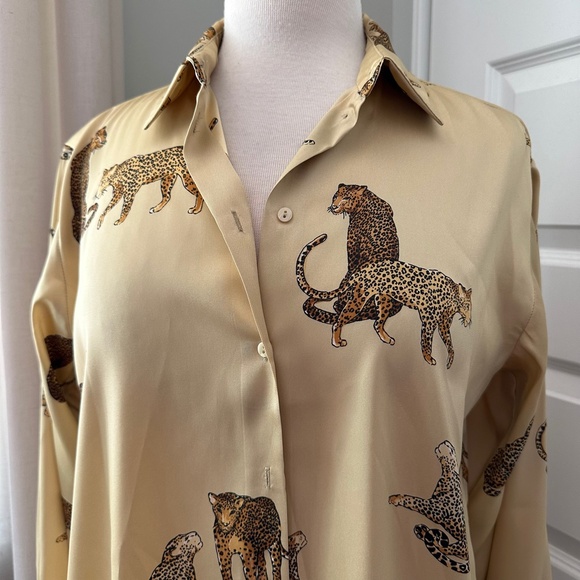 Zara Cheetah Button Down Satin Top - Picture 3 of 6